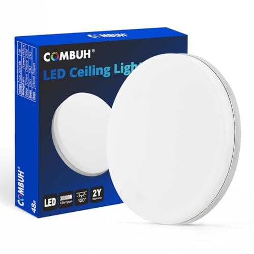 Image of Combuh LED Flush Ceiling Light Cool White 6500K, 30CM Bright 48W, IP44 Waterproof, Round Modern Lighting Fitting for Bathroom, Kitchen, Living Room, Roof, Office