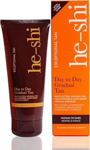 Image of He-Shi Day to Day Darker Gradual Tan Moisturiser - Easy Application Self Tanning Lotion - Gradual Fake Tan with Vitamin E - Vegan & Cruelty Free - Suitable For Face & Body (200ml)