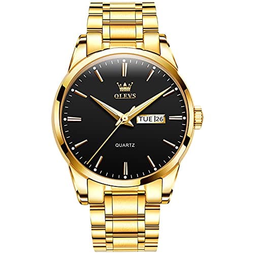 Image of OLEVS Mens Watches Big Dial Black Face Men's Quartz Watch Classic Luxury Gold Stainless Steel Dress Watches for Men with Date Day Casual Simple Luminous Waterproof Men's Watch