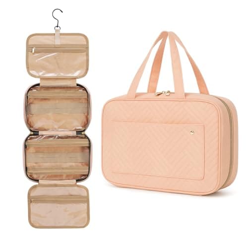 Image of CNMTCCO Hanging Toiletry Bag for Women, Large Capacity Travel Wash Bag with Multiple Compartments, Makeup & Skincare Organizer for Full Size Toiletries, Portable Cosmetic Bag (Pink, Medium)