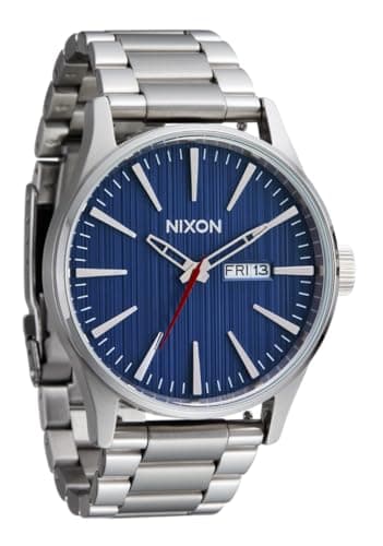 Image of NIXON Sentry SS A356 - 100m Water Resistant Men's Analog Classic Watch (42mm Watch Face, 23mm-20mm Stainless Steel Band), Silver/Indigo, 42 mm, Sentry Stainless Steel