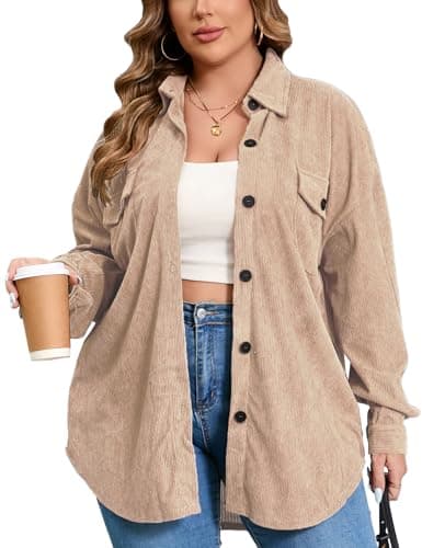 Image of ZOMVA 2024 Women's 1X-5X Plus Size Flannel Plaid Corduroy Shacket Jacket Oversized Button Down Coats Shirts Winter Fall, Corduroy, Apricot, 3XL Plus