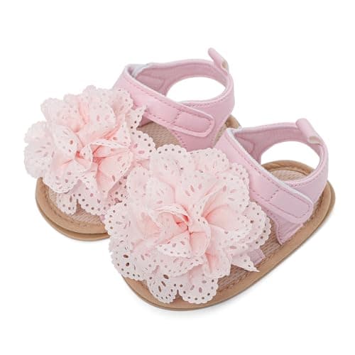 Image of LACOFIA Baby Girls Sandals Infant Breathable Summer Flower Sandals First Walking Shoes with Anti-Slip Soft Sole Pink 3-6 Months