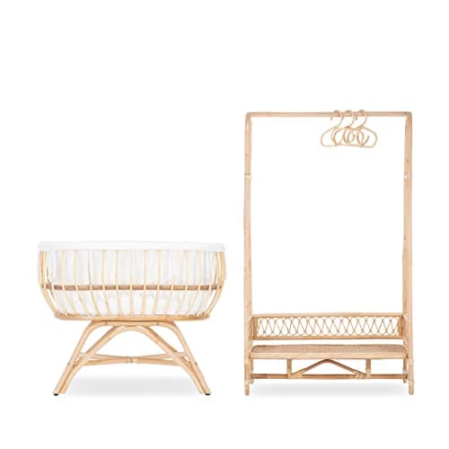 Image of Aria Rattan Baby Crib & Clothes Rail - Includes Craddle, mattress, liner, Open Storage Clothing Rack and 3 Hangers - Handmade Nursery Furniture
