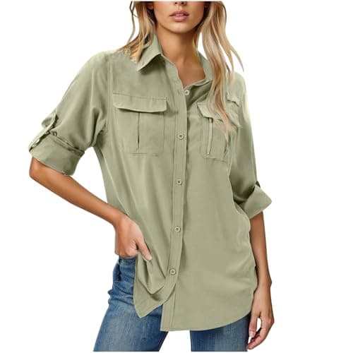 Image of HAOLEI Womens Long Sleeve Shirts Sun Protection Hiking Fishing Tops UPF 50+ UV Lightweight Quick-Dry Outdoor Safari Shirts Button Up Travel Outfits Ladies Blouses with Pockets Khaki
