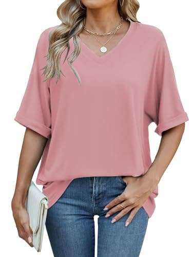 Image of Famulily Ladies Summer Basic Comfy T Shirt Women Oversized Tunic Tee Tops Casual V Neck Baggy Tshirts (XL, Pink)