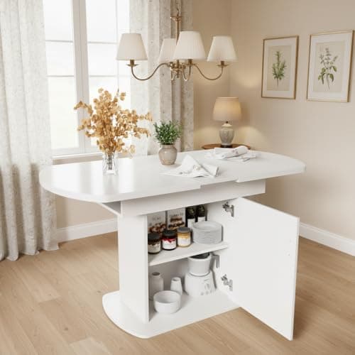 Image of BTM Extendable Oval Dining Table, 110/130cm Space-Saving Multi-Functional Dining Table with Storage Function, Modern Minimalist Style, White