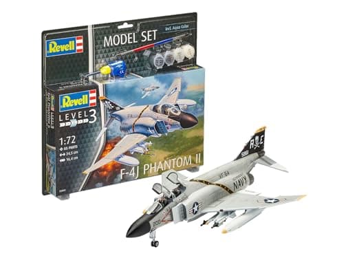 Image of Revell Model Set 63941 F-4J Phantom II 1:72 Scale Unbuilt/Unpainted Plastic Model Kit with Contacta Professional Glue, Paintbrush & Selected Aqua Color Paints