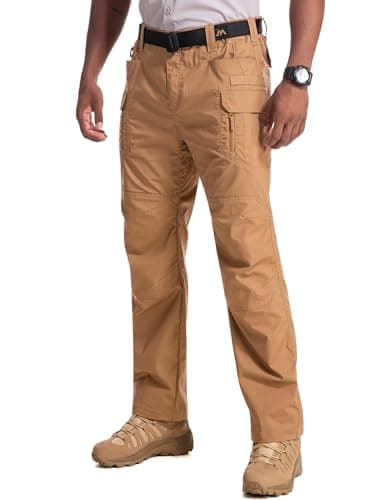 Image of mosingle Mens Cargo Combat Work Trousers, Multi Pockets Ripstop Durable Water Resistant Hiking Outdoor Pants #9929-Wolf Brown-36