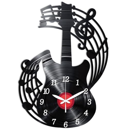Image of CHGCRAFT Electric Guitar Pattern Wall Clock 16.1 Inch Notes and Record Non-Ticking Irregular Shape Clocks Wall Hanging Clock Battery Operated for Bedroom Living Room Kitchen Office
