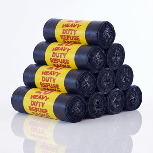 Image of REQUISITE NEEDS Heavy Duty Bin Bags with 50L Capacity, 200 Count (20 bin liners x 10 rolls), Black Refuse Sacks, Strong Recycled Liners for Everyday use at Home, Office, Kitchen & Restaurants