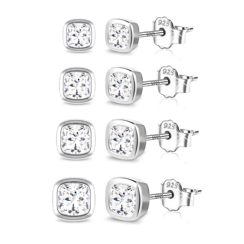 Image of 925 Sterling Silver Stud Earrings for Women, ASH'S CHOICE Small Stud Earrings with Cubic Zirconia Square Ball Studs Surgical Steel Cartilage Piercing Sterling Silver Earrings Set Studs for Women Men