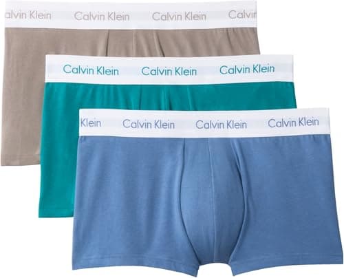 Image of Calvin Klein Men’s 3 Pack Low Rise Trunks, Khaki (DRIFTWOOD W WHITE WB/MOONLIGHT BLU), L