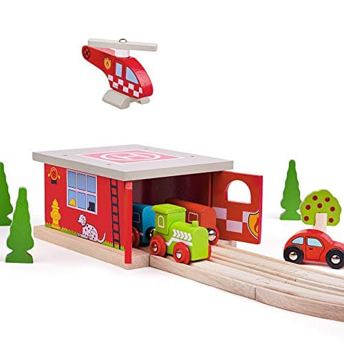 Image of Bigjigs Rail Fire Station Shed | Accessories for Wooden Train Track | Firefighter Themed Railway Accessory | Wood Toy Figures for Train Set | Educational Toddler Toys | Gifts for 3+ Year Old Kids