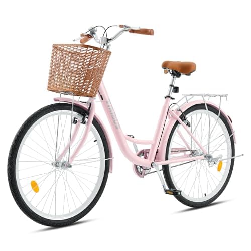 Image of Viribus Women's Cruiser Bike, 26-Inch Beach Cruiser with Basket & Rear Rack, Adjustable Step-Through, Commute Bike for Short Women & Girls, Pink