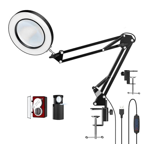 Image of 10X LED Magnifier Desk Lamp with Clamp, Hands Free Magnifying Glass with 72 LEDs Light, 3 Color Modes Stepless Dimmable, included Two Pack 30X 45X Jewelers Loupe for Close Work, Repair, Reading, Craft