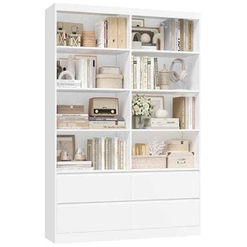 Image of FirFurd Bookcase White Bookshelf 6 Tier Living Room Bookcase with Drawers 8 Open Compartments Free Standing Display Shelf Tall Shelving Unit for Home Office 120x30x180cm