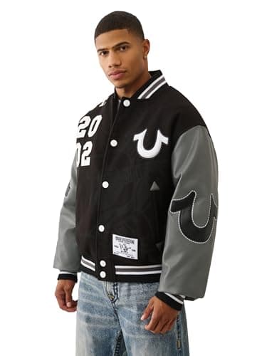 Image of True Religion Men's Boxy Varsity Jacket – Snap Front Bomber Style with Embroidered Logos, Jet Black/ Granite Grey, XXS