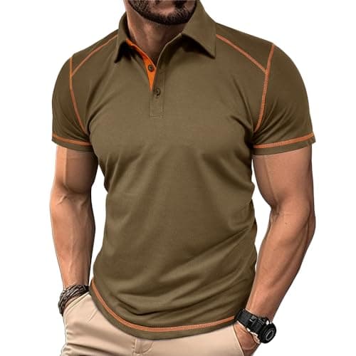 Image of MakingDa Mens Polo Shirts Short Sleeve Smart Slim Fit Collared T Shirts Slim Fit Summer Soft Breathable Lightweight Tshirt Golf Running Work Tee Tops Fashion Casual Sports Khaki XL