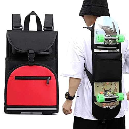 Image of Tumnea Skateboard Bag Backpack, Red, Medium to Large, Adjustable Shoulder Strap, 3 Compartments, Foldable, Compatible with Standard Skateboards
