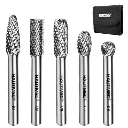 Image of HAUTMEC 5Pcs Tungsten Carbide Rotary Burr Bit YG6, 1/4" Shank Double Cut Die Grinder Bit with Belt Pouch, Low Vibration Precision Rotary File for Metal Grinding, Engraving & Deburring (8MM), HT0455