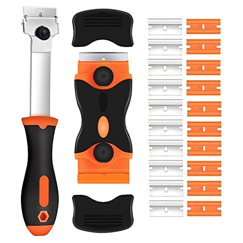 Image of Double Edged Window Scraper, 2Pcs Glass Scraper and Long Handle Scraper with 10 Metal Blades and 10 Plastic Blades for Removing Window Decals Wallpaper Labels(Orange)