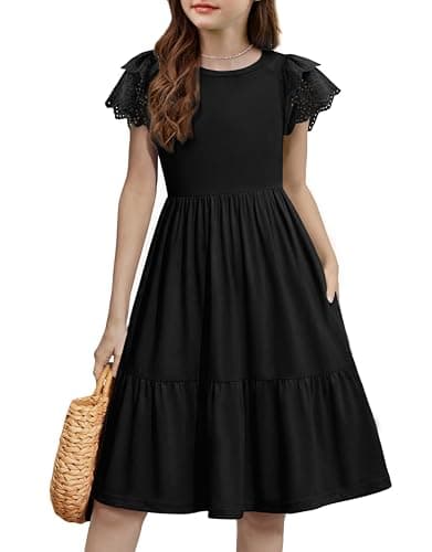 Image of Arshiner Girls Dresses Black A-Line Summer Dress Casual Elegant Kids Swing Party Dress Fashion Birthday Party Dress for Girls with Pocket 11-12 Years