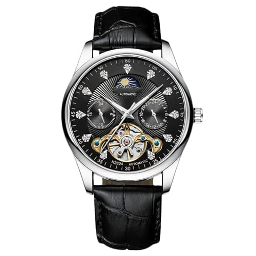 Image of RORIOS Men's Automatic Tourbillon Watch Diamond Skeleton Watch Waterproof Self Winding Wrist Watch Luminous Moon Phase Watch Leather Strap Black White B