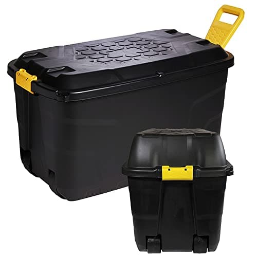 Image of STORM TRADING GROUP Heavy Duty Robust Black Storage Trunk With Wheels & Handles - 110 & 145 Litre XL Capacity - Great for Indoor & Outdoor Use