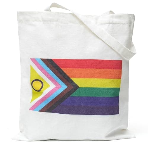 Image of TRIXES Progress Pride Flag White Tote Bag – LGBTQIA2s+Shopping Bag – Long Handled Cotton Shopper