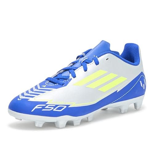 Image of adidas Children's F50 Club Messi Firm Multi Ground Trainers, Silver Metallic Solar Yellow Lucid Blue, 5 UK