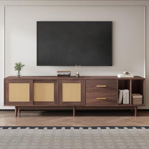 Image of FammyLoft Rattan TV Stand Cabinet with 2 Drawers and Sliding Doors, Dark Wood TV Console Table Entertainment Center for Living Room Bedroom, Storage TV Unit for up to 80 Inch TV, 190 * 40 * 52cm