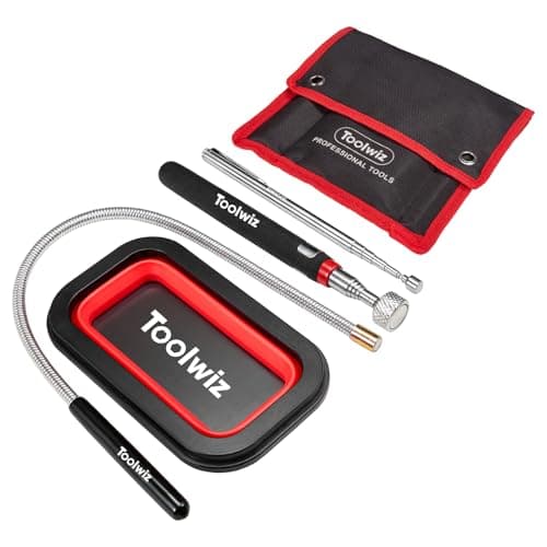 Image of Toolwiz 4 pcs Magnetic Pickup Retrieval Tool Set with Parts Tray – Extendable, Flexible Magnet Sticks for Garage, Workshop & Yard