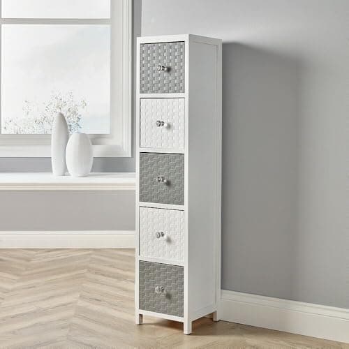 Image of Home Source Chest of Drawers, Wooden Tallboy Storage, Bedroom Bathroom Organiser, Crystal Handles, White and Grey, 5 Drawer