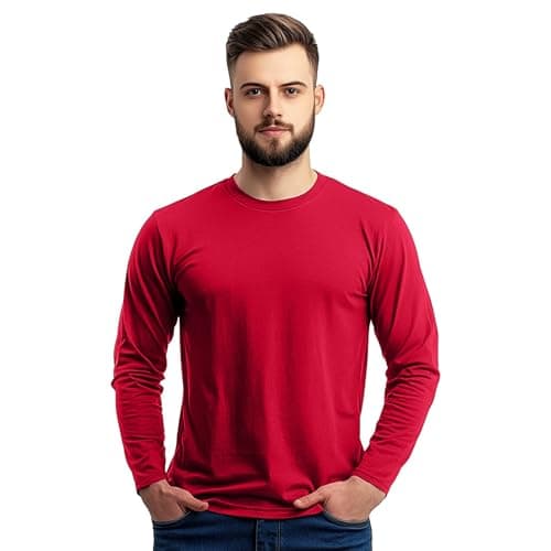 Image of Men’s 100% Soft Organic Cotton Red Long Sleeve T-Shirt Crew Neck Casual Outings Running Workout Athletic Tee (RED, M)