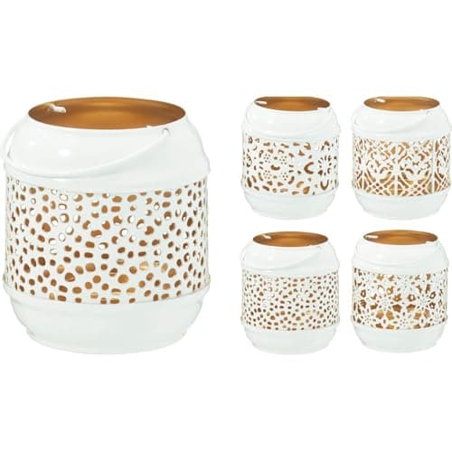 Image of White Metal Tealight Lantern | Small Hanging Candle Holder with Cut-Out Design & Copper Interior | Mini Candle Lantern for Home, Garden or Patio Decor - Design Varies