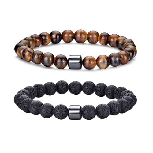 Image of RANKEEF Tiger Eye Bracelet For Men 8MM Natural Stone Beads Bracelet Set Stretch Lava Rock Bracelets Adjustable Black Crystal Beaded Bracelet for Men Women Gifts