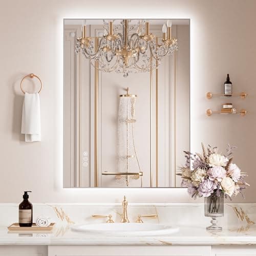 Image of WEER Backlit Bathroom Mirror with LED Lights, 60 x 80 cm Silver Metal Frame Illuminated Wall Mirror with Demister Pad, Dimmable, 3 Colors, IP44 Waterproof, HD Tempered Glass, Vertical or Horizontal