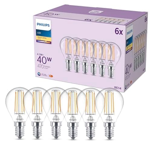 Image of Philips Classic P45 LED Bulb, 40 W, Clear, E14 Socket, Warm White 2700 K, 6 Pack