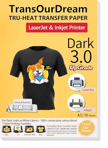 Image of TransOurDream Tru-Transfer Paper Upgraded 3.0 10 Sheets A3 for Inkjet&Laser Printer Iron On Heat Transfer Paper for Dark Fabric Black T-Shirts Printable Vinyl(Trans-033-10)