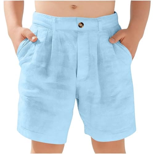 Image of Kids Boys Chinos Shorts Cotton Linen Bermuda Shorts Petite Straight Leg Stretchy Summer Children Comfy Beach Pants Knee Length Trousers with Pockets for 5-15 Years Blue