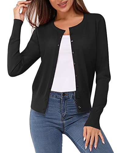 Image of Newshows Women's Solid Button Down Long Sleeve Classic Crew Neck Knit Cardigan Sweater(Black,Medium)