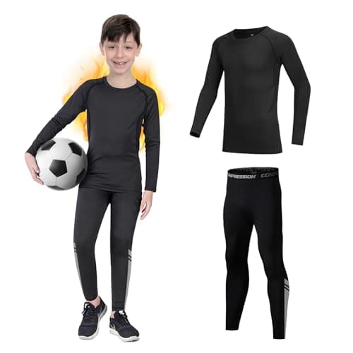 Image of Giyim Kids Base Layer - Fleece Lined Athletic football skins, Warm Football Skins Long Sleeve Top and Leggings Compression Set, Reflective Line Thermal Underwear for Biking, Ski & Running(Black,26)