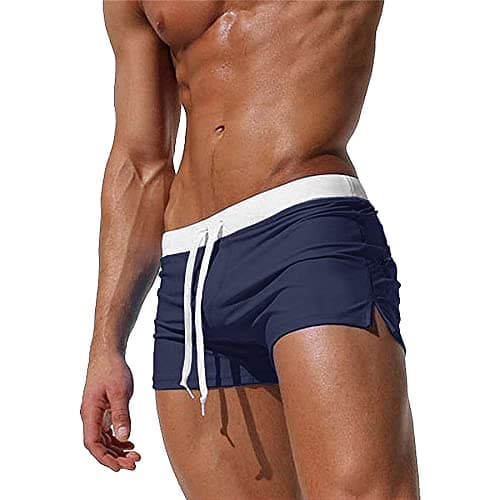 Image of TMEOG Men's Swim Trunks Quick Dry Sports Shorts Beach Swimwear with Back Zipper Pocket, UK M= Tag L waist: 31.59-34.32inch, Navy Blue