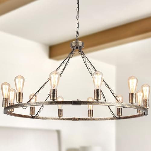 Image of Eoodis Wagon Wheel Chandelier 12 Lights Vintage Chandeliers Gold Chandelier Ceiling Light for Kitchen Living Room Bedroom Hallway (Dia 100cm)