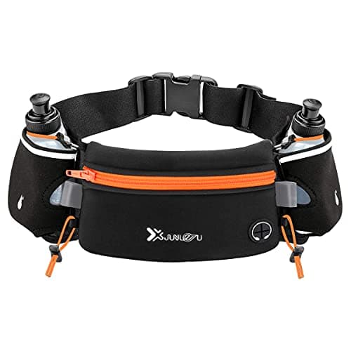 Image of Number-one Running Belt with Water Bottles(2 x 175ML), Hydration Belt Waterproof Waist Pack Bag Fits iPhones Adjustable Sports Waist Pouch for Marathon Running Hiking Cycling, Orange, One Size