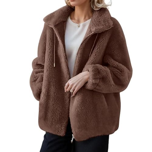 Image of Brown Ladies Fleece Jackets Open Front Full Zip without Hooded, Lightweight Warm Teddy Sweatshirts with Pockets, Soft Plush Cosy Breathable Coat for Winter, Outdoor thermal Casual Jacket for Women UK