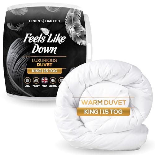 Image of Linens Limited King Size Duvet 15 Tog, Made in the UK, Feels Like Down, Luxurious Quilt, Soft and Comfy, Ultra-Fine Siliconised Hollowfibre, Machine Washable (White)