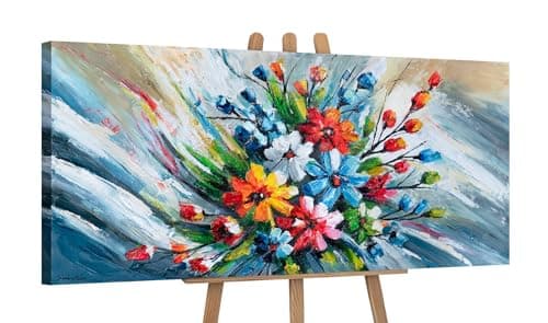 Image of YS-Art Original Acrylic Painting | Vibrant Floral Burst Abstract | Dynamic Colourful Flowers Canvas | Bold Living Room Wall Art 45x20 inch