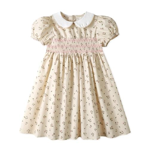 Image of Miipat Toddler Girls Smocked Floral Dress Vintage Kids Casual Dress Puff Sleeve Peter Pan Collar Cotton Little Girl Summer Dresses(Beigefloralprint,4-5Years)